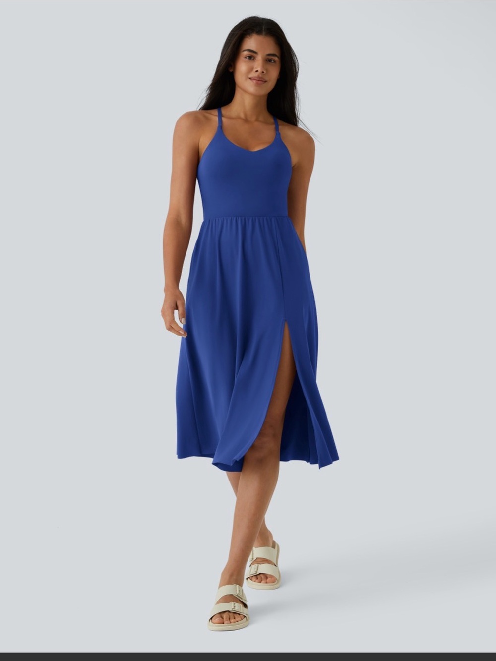 NWOT HALARA Royal Blue Spaghetti-Strap Midi Dress with Side Slit